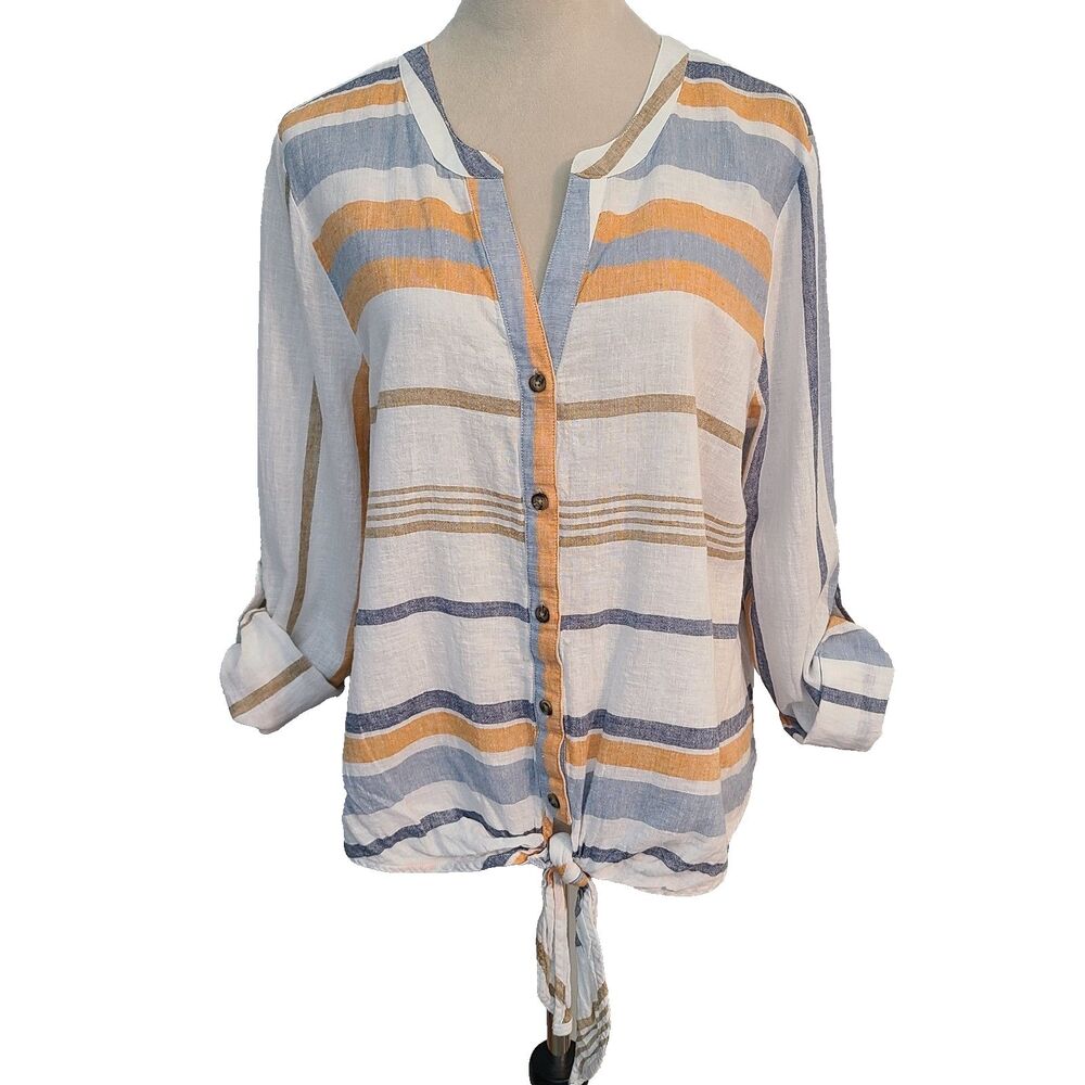 Marled Essentials Linen Blend Striped Tie Front Shirt XL Coastal Boho Roll Tab